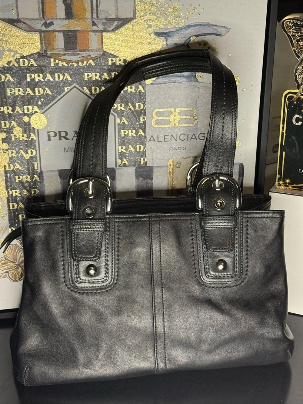 Coach Hampton Soho Black Leather Tote Satchel Shoulder Bag